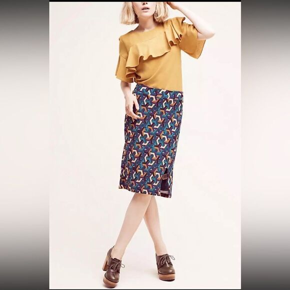 MAEVE Anthropologie Teal Geometric Pencil Skirt Sz S Knee-Length Bodycon Preppy - Picture 1 of 8